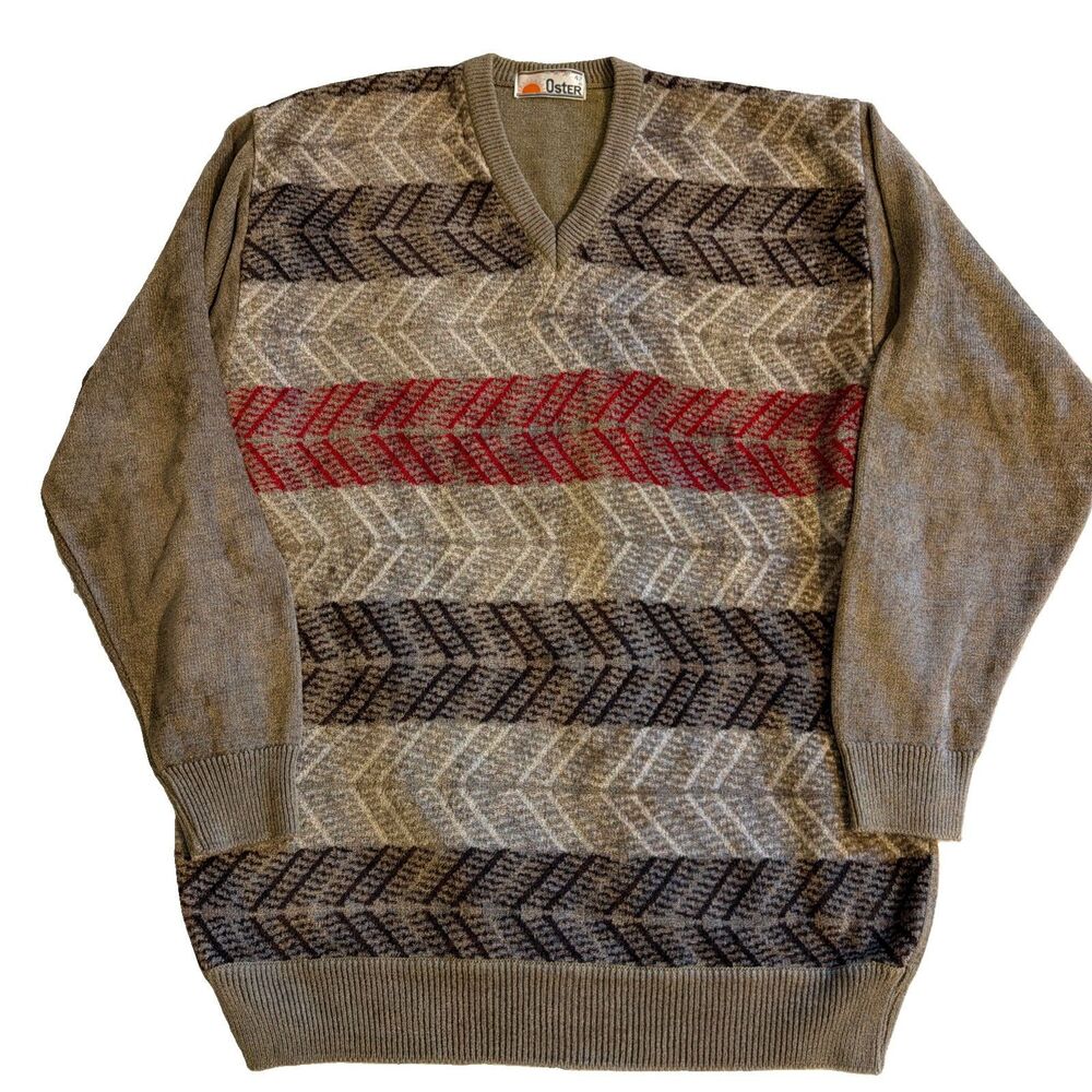 Vintage Oster Men’s Size 42 Stripe Sweater V Neck Retro Grandpa Chevron 70’s